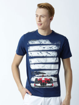Huetrap - Mens Printed Round Neck Navy Blue T-Shirt
