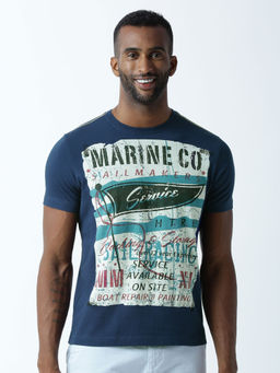 Huetrap - Mens Printed Round Neck Navy Blue T-Shirt