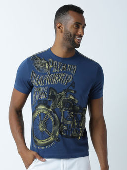 Huetrap - Mens Printed Round Neck Navy Blue T-Shirt