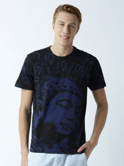 Huetrap - Mens Printed Round Neck Navy Blue T-Shirt