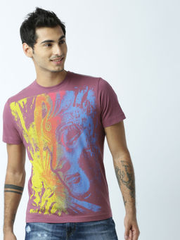 Huetrap - Mens Printed Round Neck Purple T-Shirt