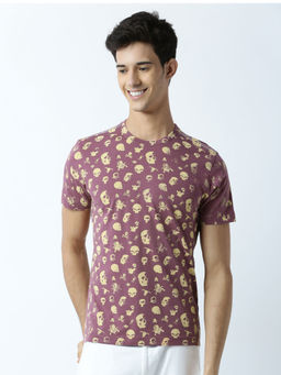 Huetrap - Mens Printed Round Neck Purple T-Shirt