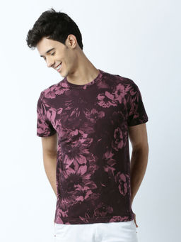 Huetrap - Mens Printed Round Neck Maroon T-Shirt