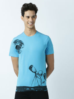 Huetrap - Mens Printed Round Neck Blue T-Shirt