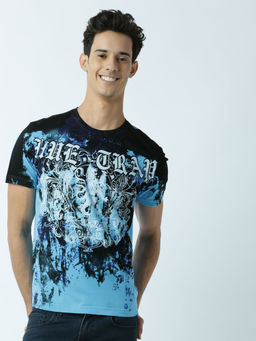 Huetrap - Mens Printed Round Neck Blue T-Shirt