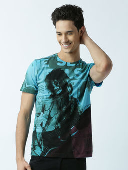 Huetrap - Mens Printed Round Neck Blue T-Shirt