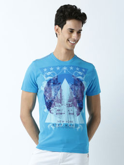 Huetrap - Mens Printed Round Neck Blue T-Shirt