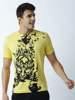 Huetrap - Mens Printed Round Neck Yellow T-Shirt