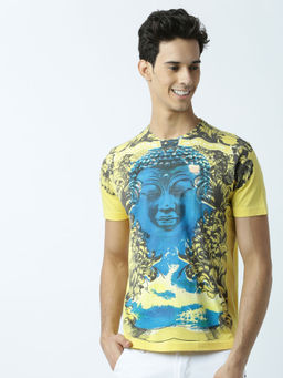 Huetrap - Mens Printed Round Neck Yellow T-Shirt