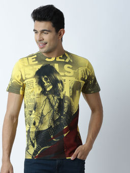 Huetrap - Mens Printed Round Neck Yellow T-Shirt