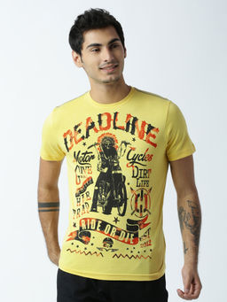 Huetrap - Mens Printed Round Neck Yellow T-Shirt