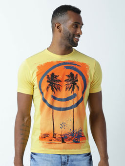 Huetrap - Mens Printed Round Neck Yellow T-Shirt