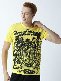 Huetrap - Mens Printed Round Neck Yellow T-Shirt