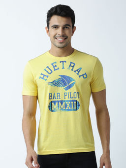 Huetrap - Mens Printed Round Neck Yellow T-Shirt