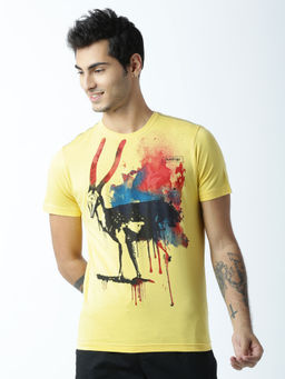 Huetrap - Mens Printed Round Neck Yellow T-Shirt