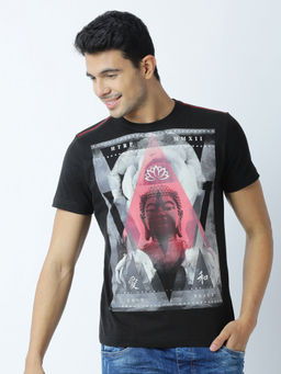 Huetrap - Mens Printed Round Neck Black T-Shirt