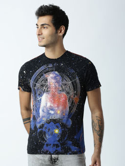 Huetrap - Mens Printed Round Neck Black T-Shirt
