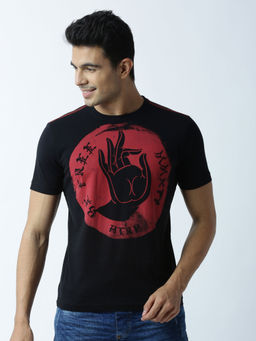 Huetrap - Mens Printed Round Neck Black T-Shirt