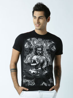 Huetrap - Mens Printed Round Neck Black T-Shirt