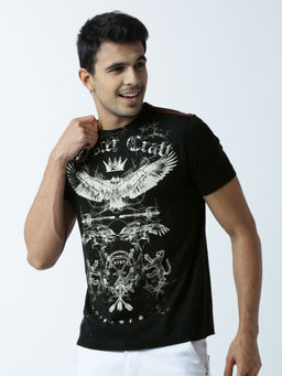 Huetrap - Mens Printed Round Neck Black T-Shirt