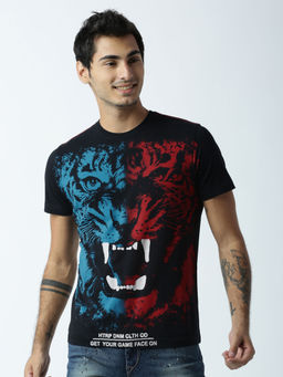 Huetrap - Mens Printed Round Neck Black T-Shirt