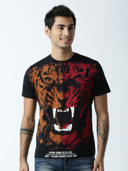 Huetrap - Mens Printed Round Neck Black T-Shirt
