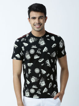 Huetrap - Mens Printed Round Neck Black T-Shirt