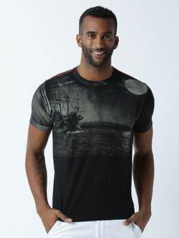 Huetrap - Mens Printed Round Neck Black T-Shirt