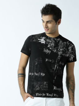 Huetrap - Mens Printed Round Neck Black T-Shirt