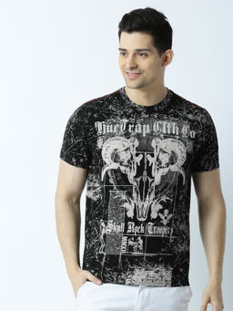 Huetrap - Mens Printed Round Neck Black T-Shirt