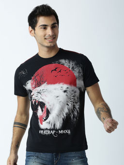Huetrap - Mens Printed Round Neck Black T-Shirt