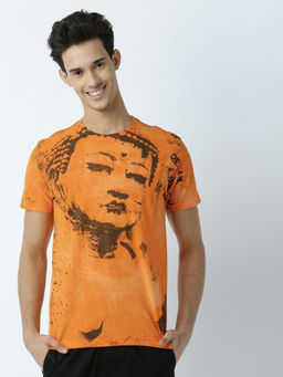 Huetrap - Mens Printed Round Neck Mustard T-Shirt