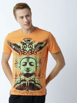 Huetrap - Mens Printed Round Neck Mustard T-Shirt
