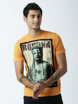 Huetrap - Mens Printed Round Neck Mustard T-Shirt
