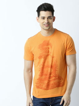 Huetrap - Mens Printed Round Neck Mustard T-Shirt