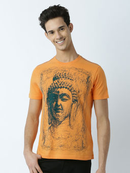Huetrap - Mens Printed Round Neck Mustard T-Shirt