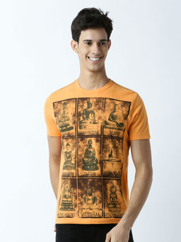 Huetrap - Mens Printed Round Neck Mustard T-Shirt