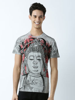 Huetrap - Mens Printed Round Neck Grey T-Shirt