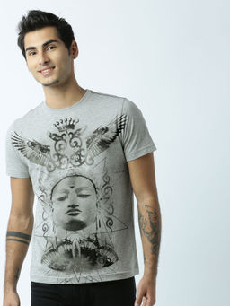 Huetrap - Mens Printed Round Neck Grey T-Shirt