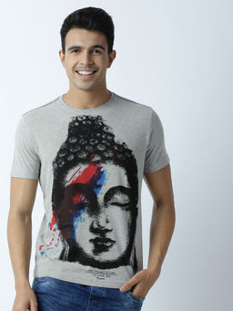 Huetrap - Mens Printed Round Neck Grey T-Shirt
