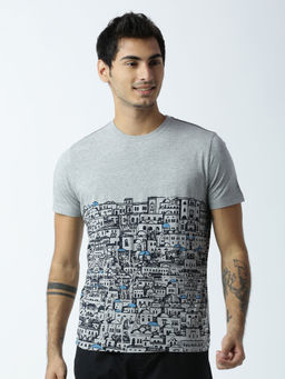 Huetrap - Mens Printed Round Neck Grey T-Shirt