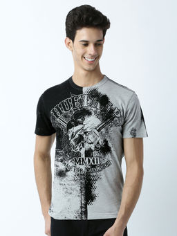 Huetrap - Mens Printed Round Neck Grey T-Shirt