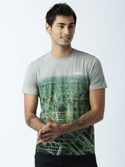 Huetrap - Mens Printed Round Neck Grey T-Shirt