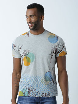 Huetrap - Mens Printed Round Neck Grey T-Shirt