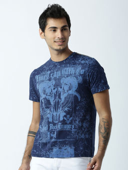 Huetrap - Mens Printed Round Neck Navy Blue T-Shirt