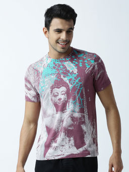 Huetrap - Mens Printed Round Neck Purple T-Shirt