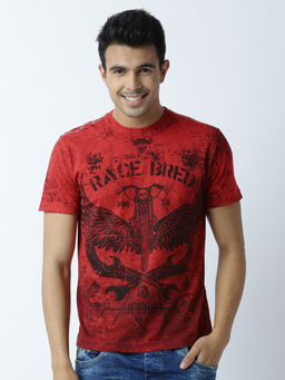 Huetrap - Mens Printed Round Neck Red T-Shirt