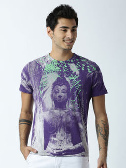 Huetrap - Mens Printed Round Neck Purple T-Shirt