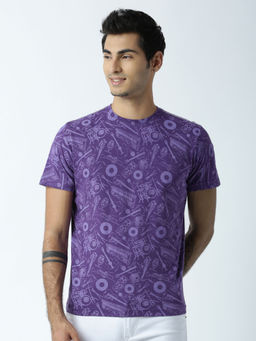Huetrap - Mens Printed Round Neck Purple T-Shirt