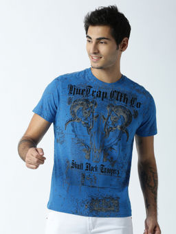 Huetrap - Mens Printed Round Neck Blue T-Shirt